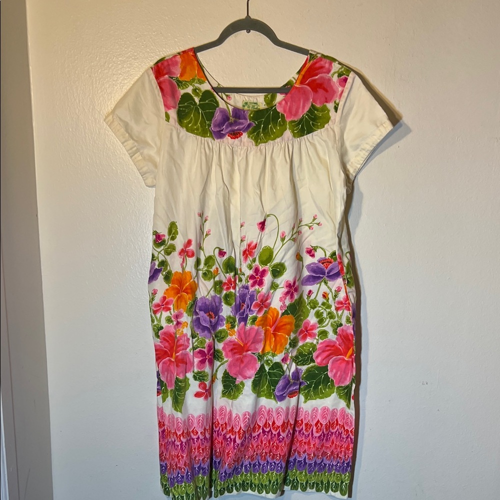 Ui-Maikai Ivory Colorful Bright Floral Batik  Cotton Hawaiian Vintage Dress XL
